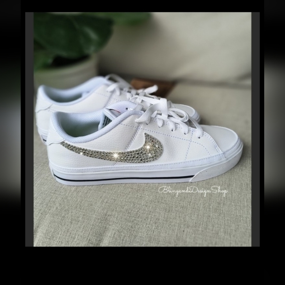 Bling Nike Women's Court Legacy White Sneakers Shoes Customized with Crystals - Picture 5 of 6